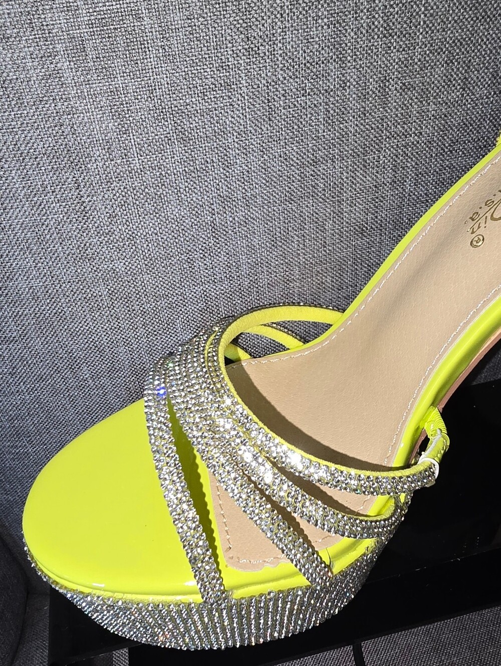 Luminous Yellow Rhinestone Lace-Up Platform Heels - Picture 10 of 15